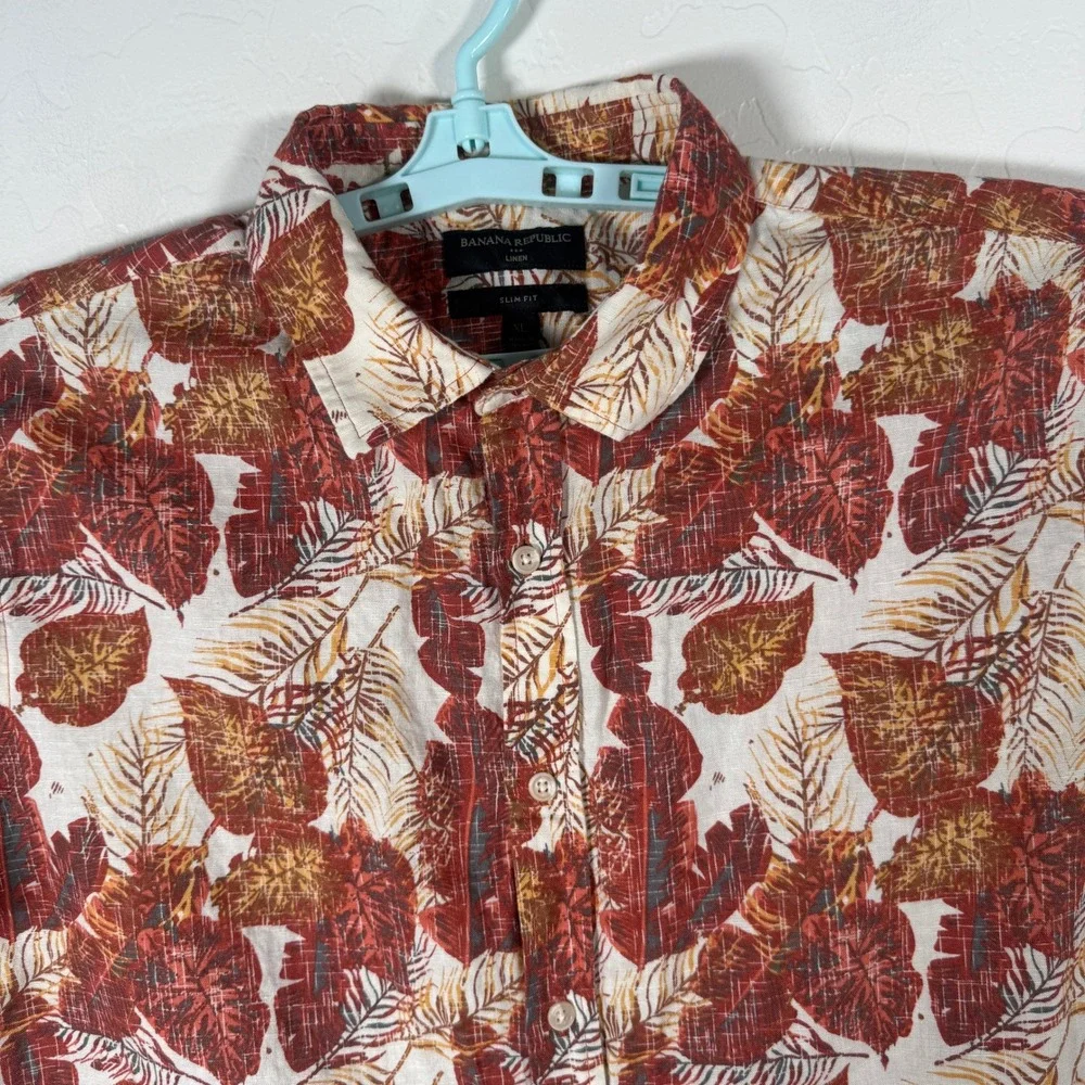 Banana Republic Shirt Mens XL Red Floral Linen Slim Fit Button Up Hawaiian Beach